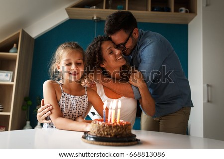 Mothers Birthday Father Daughter Surprise Mother Birthday Stock Photo ...