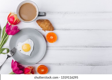 Mother's Day Composition.Breakfast With Tulips On White Background.