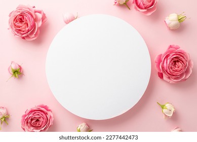 Mother's Day concept. Top view photo of white circle and natural flowers pink peony rose buds on isolated light pink background with empty space - Powered by Shutterstock