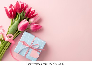Mother's Day decorations concept. Top view photo of blue giftbox with ribbon bow and bouquet of pink tulips on isolated pastel pink background with copyspace