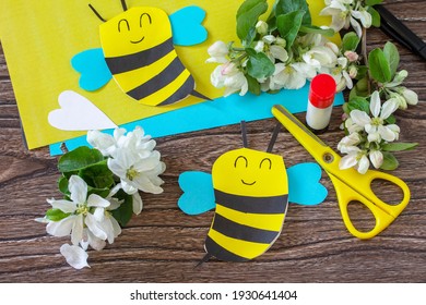 Mother's Day Greeting Card Gift - Bee With Spring Apple Tree Flowers On A Wooden Table. Childrens Creativity Project, Handmade, Crafts For Kids.