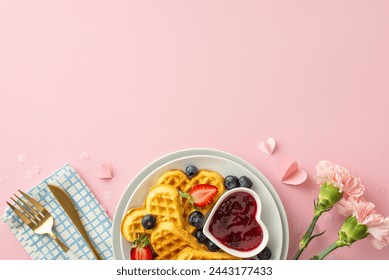 Mother's Day morning feast: top-down view of heart waffles, strawberries, blueberries, jam, flatware, carnations on a pastel pink surface, space for text - Powered by Shutterstock