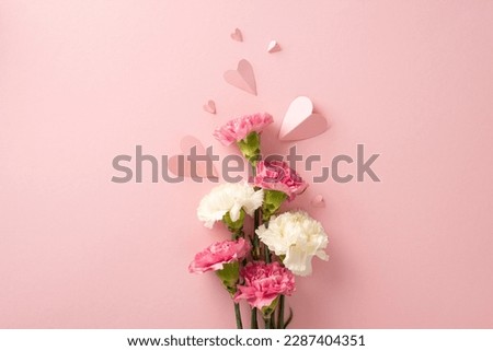 Mother's Day present idea. Top view of carnation flowers and heart-shaped papers on a pastel pink surface