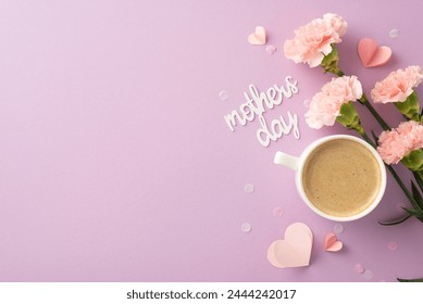 Mother's Day stylish design: Top view photo of americano, fresh flowers, heartfelt note, miniature hearts, and confetti on a soft lilac canvas, leaving empty space for text or promotion - Powered by Shutterstock