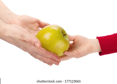 Mothers Hands Give Apple To Child's Hands Isolated On White Background