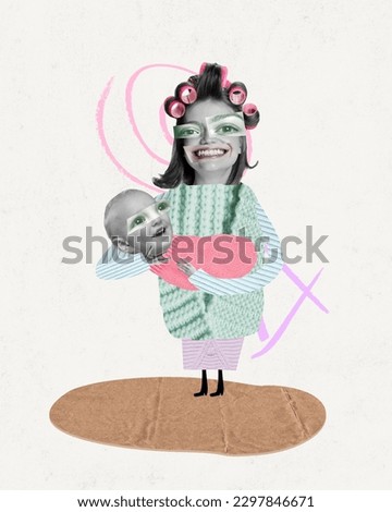 Mother's love. Contemporary art collage with happy woman, mother holding her little baby and smiling over white background. Concept of parenthood, relationship, family, human emotion, maternity, ad