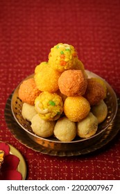 Motichoor Ladoo Rava Laddu Indian Sweet Dish For Diwali Festival. Indian Festivals Like Dussehra Holi Ganesh Chaturthi Ram Navami Durga Pooja Ashtami Navratri