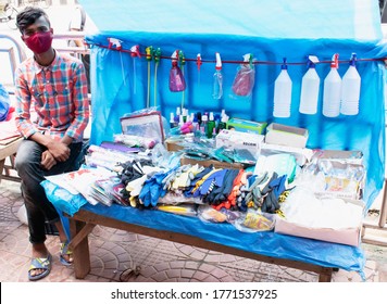 Motijheel,Dhaka Bangladesh 08/07/2020. Unknown Young Seller Sell Covid19,Virus Protection Item Hand Sanitizer,mask,hand Gloves Etc.