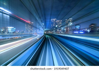 Motion blur of train moving inside tunnel in Tokyo, Japan