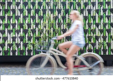 Motion Blure Of Woman Riding Bycicle By Green Urban Vertical Garden Wall In Ljubljana, European Green Capital Of Europe 2016. Sustainable Green City Concept.