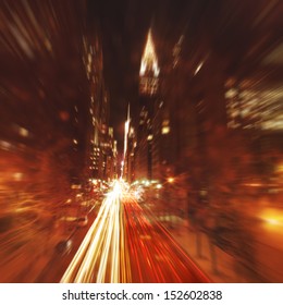 Motion Blurred Image Of Night Traffic In New York City.