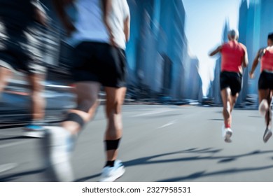 motion blurred marathon runners in a city