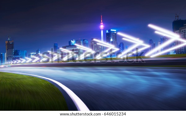 Motion blurred racetrack\
with city skyline background ,night scene cold mood. with arrow\
light Effects.