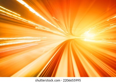 Motion blurred of train moving inside tunnel with daylight in tokyo, Japan. yollow color background concept