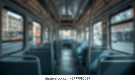 Motion blurred view inside an empty city bus showing seats handrails and windows with urban scenery outside