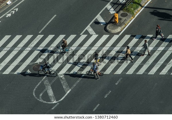 Motion blurry pedestrians crossing zebra crossing\
in Japan