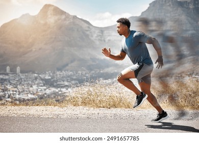 Motion, fitness and man running in road for endurance challenge, cardio workout or marathon. Timelapse, speed and African athlete in street for physical activity, performance or race in morning - Powered by Shutterstock