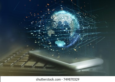 Motion Graphics World Transportation integration concept , logistic concept , smartphone screen with blur laptop background