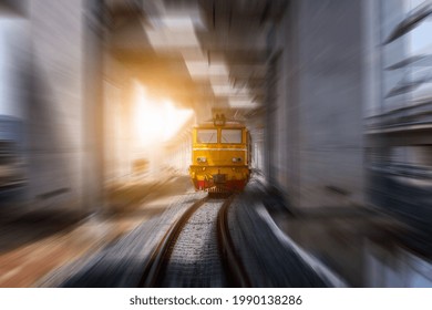 Motion Hi Speed Train Transportation On Railway Movement To Next Plateform.