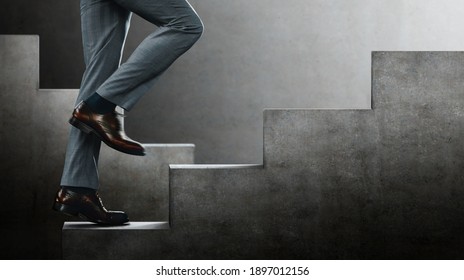 Motion Image. Motivation And Challenging Concept. Steps Forward Into A Success. Low Section Of Businessman Walking Up On Staircase. Sureal Place