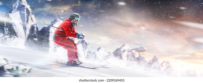 Motion Of The Skiing Downhill In The Mountains. Professional Skiing In Action. Sport Emotion. Heli Skiing. Sportsman In A Red Ski Suit. Flying Helicopter