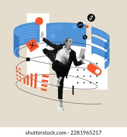 Motivated, ambitious, young female employee working on IT department, finishing tasks and deadlines. Conceptual design. Contemporary art collage. Concept of business, modern technologies - Shutterstock ID 2281965217