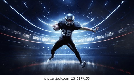 Motivated and competitive sportsman, professional american football player in motion with ball on dark sports arena. 3d render background. Concept of sport, competition, action and motion, game, win. - Powered by Shutterstock