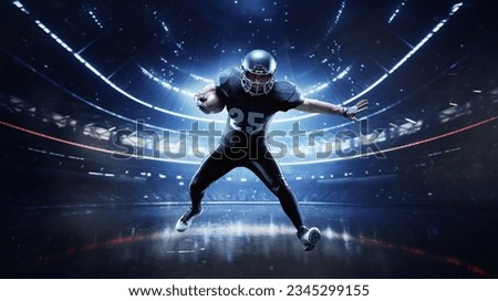 Motivated and competitive sportsman, professional american football player in motion with ball on dark sports arena. 3d render background. Concept of sport, competition, action and motion, game, win.
