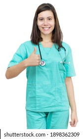 Motivated German Female Nurse With Long Hair Showing Thumb Up Isolated On White Background For Cut Out