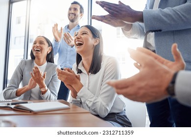 Motivation, audience with an applause and in a business meeting at work with a lens flare together. Support or celebration, success and colleagues clapping hands for good news or achievement - Powered by Shutterstock