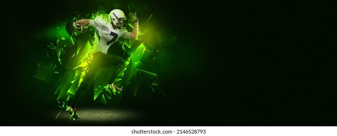 Motivation. Bright poster with american football player in motion and action isolated on dark background with polygonal and fluid neon elements. Concept of art, creativity, sport, energy and power - Powered by Shutterstock