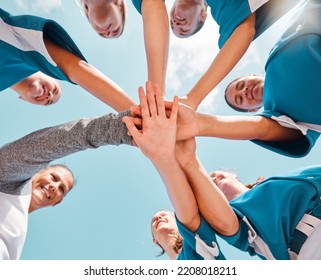 Motivation hands, team support and sports game at school, partnership in winning sport competition and trust in teamwork. Athlete celebration, achievement and collaboration at event from below - Powered by Shutterstock