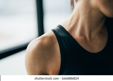 Motivation. Intensive Work Out. Sweaty Muscular Body Of Sporty Woman, Close Up. Fitness, Sport And Active Lifestyle Concept