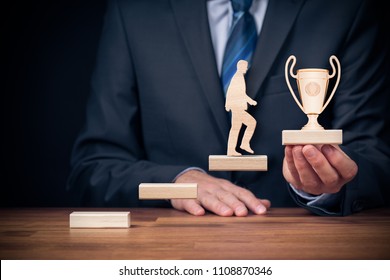 Motivation, Personal Development, Personal And Career Growth, Progress And Potential Concepts. Coach (human Resources Officer, Manager, Mentor) Motivate Employee To Growth With Cup For A Winner.