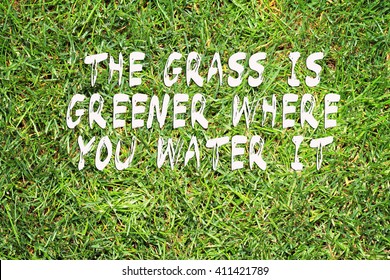 Motivation Words The Grass Is Greener Where You Water It. Inspirational Quotation. Perception, Care, Self Development, ,Change, Life, Happiness Concept.