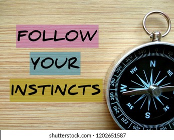 Motivational quote "Follow Your Instincts" on wooden background with compass.