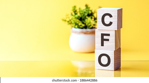 Motivational words: CFO in 3d wooden alphabet letters on a bright yellow background with copy space, business concept. CFO - Chief Financial Officer. Front view concepts, flower in the background.