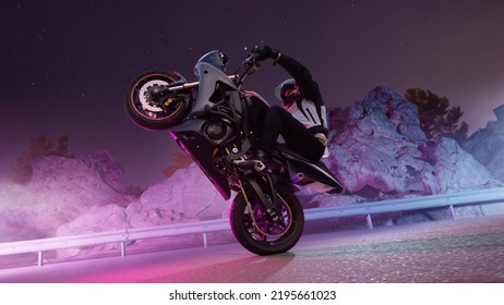 Moto rider making a stunt on his motorbike. Motorcycle stunt riding.