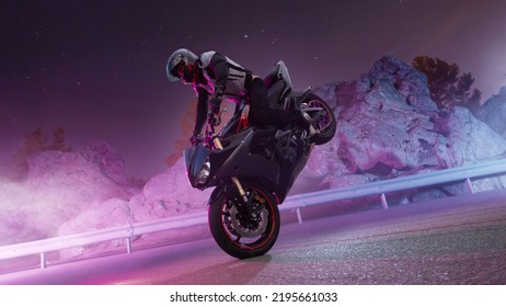 Moto Rider Making A Stunt On His Motorbike. Motorcycle Stunt Riding.