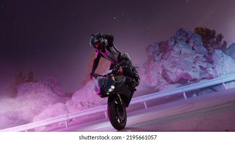 Moto Rider Making A Stunt On His Motorbike. Motorcycle Stunt Riding.