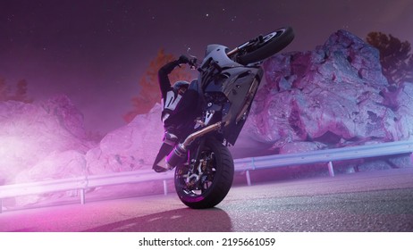 Moto Rider Making A Stunt On His Motorbike. Motorcycle Stunt Riding.