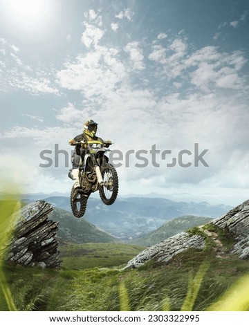 Motocross competition. Man, motorcycle rider in full moto equipment riding hills, jumping with enduro bike. 3D render background. Concept of motosport, speed, hobby, journey, activity