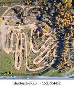 Motocross Cross Country Empty Road Above Top View. Motopark Curved Off Road