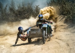 Motocross Motorbike With Sidecar Motorcycle Trailer Dust Dirt Extreme