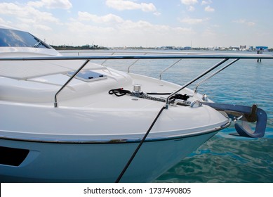 Motor Boat Bow With Anchor, Anchor Winch, Railings, Hatch And Sun Pads In Palm Beach County, Florida, USA