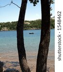 A motor boat captured between two trees at Waterton Lakes National Park