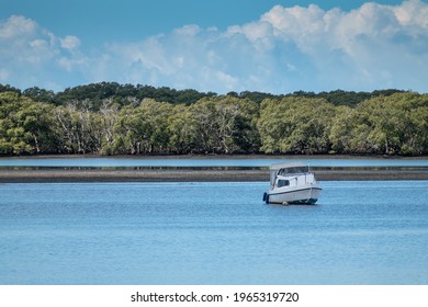 A Motor Boat Moored In Pumicestone Passage, Queensland, Australia