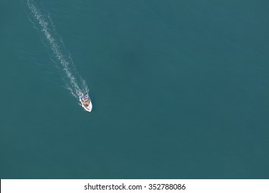 Motor Boat On The Tyrrhenian Sea. Bird Eye View.