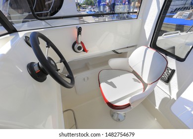 Motor Boat Steering Wheel With Throttle Control In Cockpit