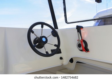 Motor Boat Steering Wheel With Throttle Control In Cockpit